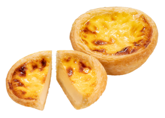 Freshly baked Egg tart on white background, Portuguese egg tart on white PNG File.