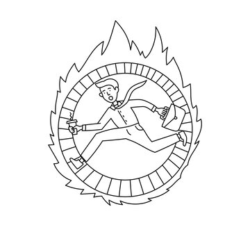 Doodle burnout employee runs in work wheel fire.