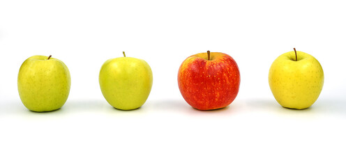 Three green and one red apple on a white background 