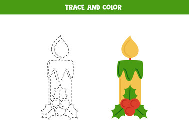 Trace and color cute cartoon Christmas candle. Worksheet for children.