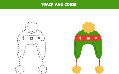 Trace and color cute cartoon Christmas cap. Worksheet for children.