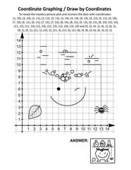 Coordinate graphing, or draw by coordinates, math worksheet with Halloween apothecary and witch's pot: To reveal the mystery picture plot and connect the dots with given coordinates. Answer included.
