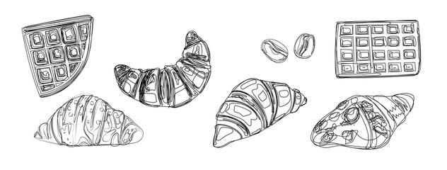 Croissant, waffles and coffee beans black and white sketch. Pastry isolated on white background. Illustration for the design of menus, showcases, packages, etc.