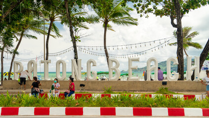 Patong beach sign at Patong beach, Phuket. Patong beach is the most popular beach in Phuket Island.
