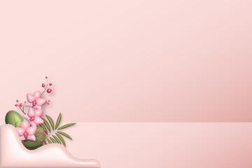 Fototapeta na wymiar Abstract 3D scene background. Cylindrical podium with arches, leaves on a pink background. Product presentation, mockup, cosmetic product display, podium, pedestal or platform2