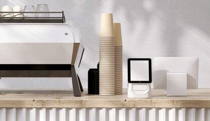 Modern design of cafe with wooden white counter with professional espresso machine, cash register barcode scanner, coffee cup in sunlight from window for food and beverage product display