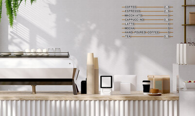 Modern design of cafe with wooden white counter with professional espresso machine, cash register...