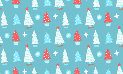 Christmas fur trees seamless pattern. Winter holiday white and blue background with snowballs. For gift and wrapping paper. Kids and baby textile. Cover books.  