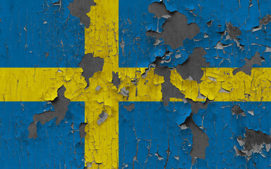 3D Flag of Sweden on an old stone wall background.