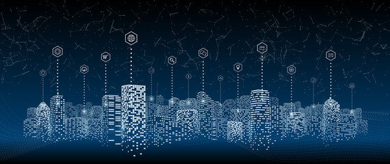 Fototapeta premium Smart city concept. building at night. A city full of skyscrapers. Connectivity and communication technology of the future.