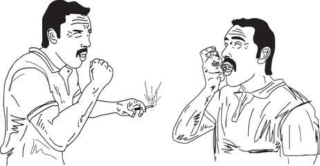 man coughing while smoking outline vector illustration, smoking and coughing sketch drawing, man using breath inhaler, smoking and asthma clip art symbol and silhouette