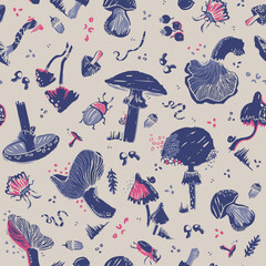 Seamless pattern with mushrooms. Silhouette graphics on a forest theme: leaves, beetles, moth, earthworm, berry, acorn, snail. Fly agaric, chanterelle, grebe, porcini mushroom in pastel lilac tones.