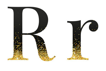 Elegant Black and Gold Glitter alphabet set with letters, numbers, icons, shapes, and symbols.