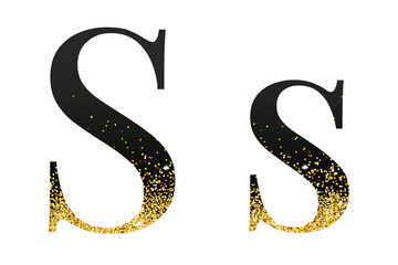 Elegant Black and Gold Glitter alphabet set with letters, numbers, icons, shapes, and symbols.