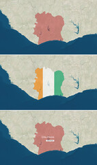 The map of Ivory Coast with text, textless, and with flag