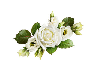 Bouquet of white roses and eustoma flowers isolated - obrazy, fototapety, plakaty