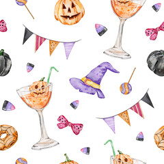 Halloween seamless pattern of watercolor spooky candies and drinks