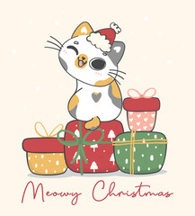 Cute Christmas cat illustration, featuring an Adorable kawaii character with holiday decorations. Perfect for festive designs and Xmas greeting cards