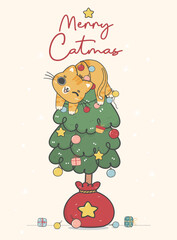 Cute Christmas cat illustration, featuring an Adorable kawaii character with holiday decorations. Perfect for festive designs and Xmas greeting cards