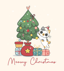 Cute Christmas cat illustration, featuring an Adorable kawaii character with holiday decorations. Perfect for festive designs and Xmas greeting cards