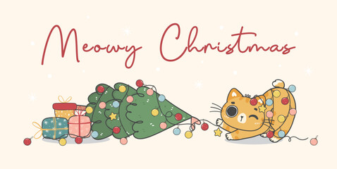 Cute Christmas cat illustration banner, featuring an Adorable kawaii character with holiday decorations. Perfect for festive designs and Xmas greeting cards