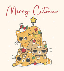 Cute Christmas cat tree illustration, featuring an Adorable kawaii character with holiday decorations. Perfect for festive designs and Xmas greeting cards