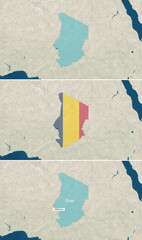 The map of Chad with text, textless, and with flag