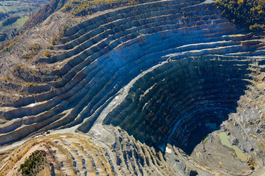 Aerial view of Europe second largest open pit copper mine, Rosia Poieni, Romania