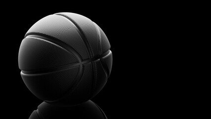 Black metallic basketball with dots under black-white lighting background. Concept 3D CG of propaganda for the team, advertisement for the league finals and the fruits of the players' efforts.