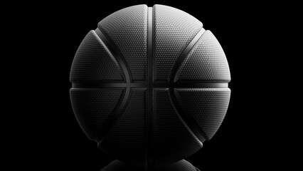 Naklejka premium Black metallic basketball with dots under black-white lighting background. Concept 3D CG of propaganda for the team, advertisement for the league finals and the fruits of the players' efforts.