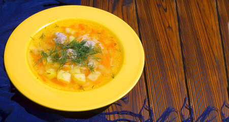Meatball soup garnished with dill