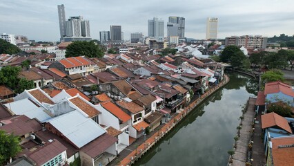 Fototapeta premium Malacca, Malaysia - October 16, 2022: Aerial View of the Malacca River Cruise