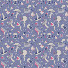 Seamless pattern with mushrooms. Silhouette graphics on a forest theme: leaves, beetles, moth, earthworm, berry, acorn, snail. Fly agaric, chanterelle, grebe, porcini mushroom in pastel lilac tones.