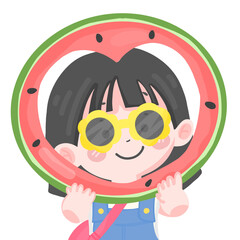 cute young girl kid holding watermelon in heart shape