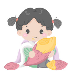 cute young girl kid with blanket holding sweet potato and eat yam in winter
