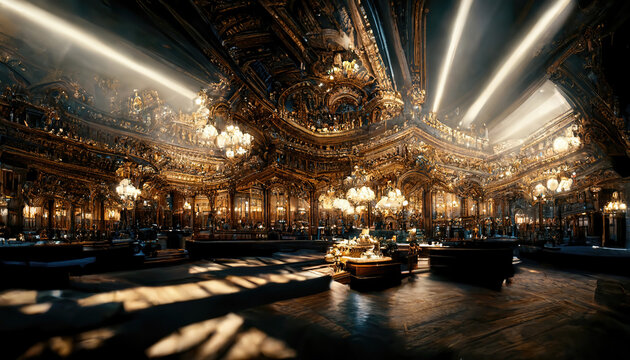 AI generated image of a vintage palatial opera hall with grand ornamental interiors