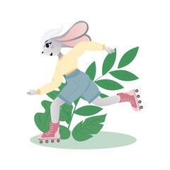 Happy cute cartoon rabbit is roller skating.