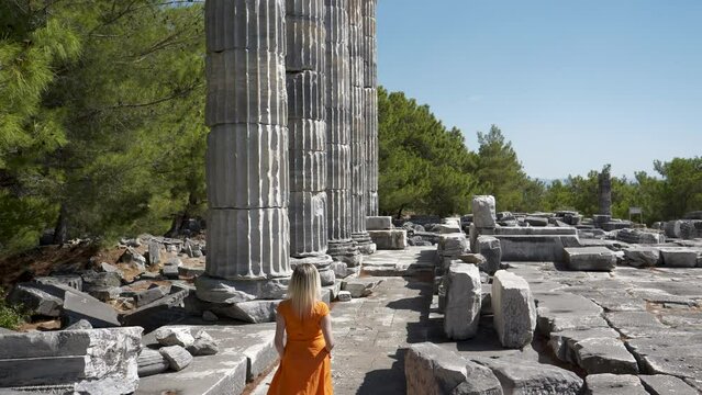 View of historical ruins, columns, ancient theater and temples in the ancient city of Priene.