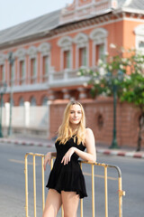 Beautiful model young woman enjoyment street portrait.
