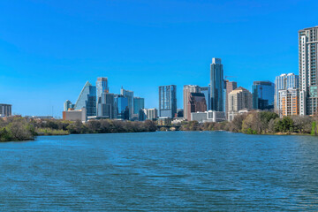 Fototapeta na wymiar Scenic skyline of Austin Texas with modern luxury apartments and Colorado River