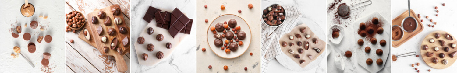 Group of delicious chocolate candies on light background
