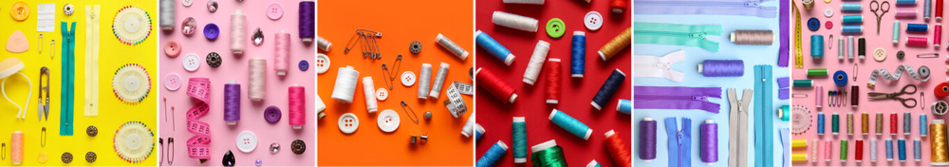 Collection of tailor's supplies on color background