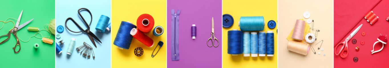 Group of tailor's supplies on color background