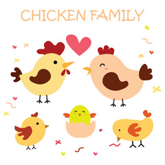 father rooster, mother cock and son. set of chickens with different emotions