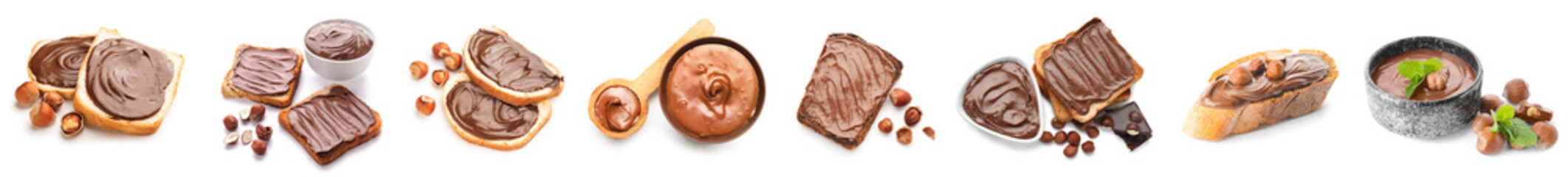Collection of chocolate paste with hazelnuts and bread pieces on white background