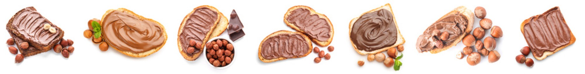 Collage of bread pieces with chocolate paste and hazelnuts on white background