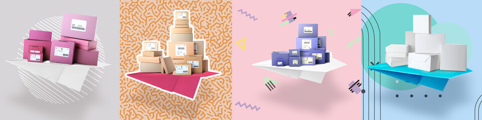 Set of paper airplanes and many parcels on color background. Concept of air transportation
