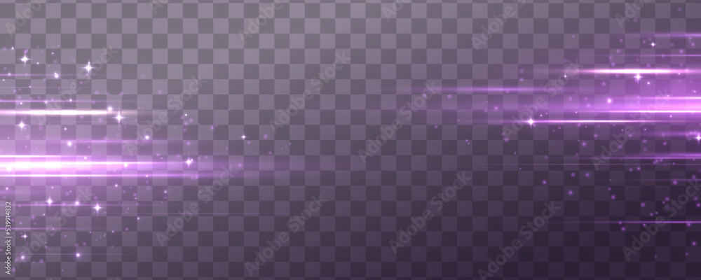 Poster purple soft horizontal neon lines. set of abstract lens flares. flash purple line motion. laser spar