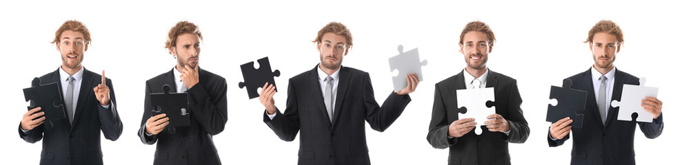 Set of businessman with pieces of jigsaw puzzle on white background