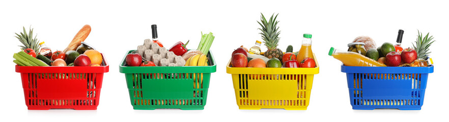 Set of shopping baskets with food on white background